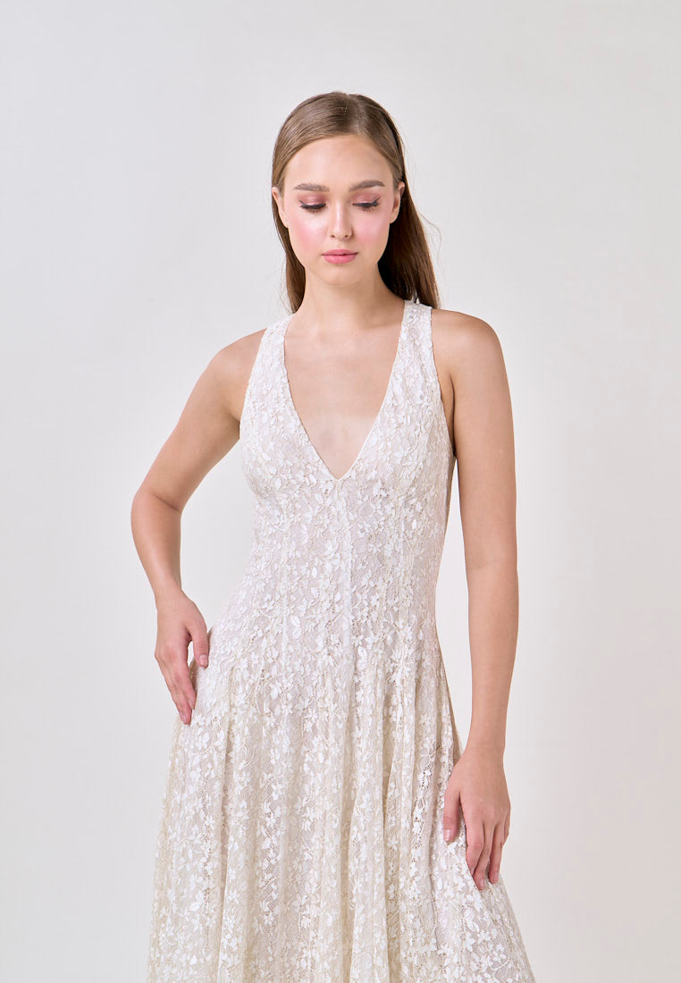 Heidi White Deep V-Neck French Lace Maxi Dress