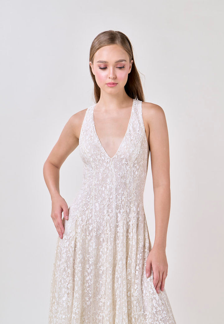 Heidi White Deep V-Neck French Lace Maxi Dress