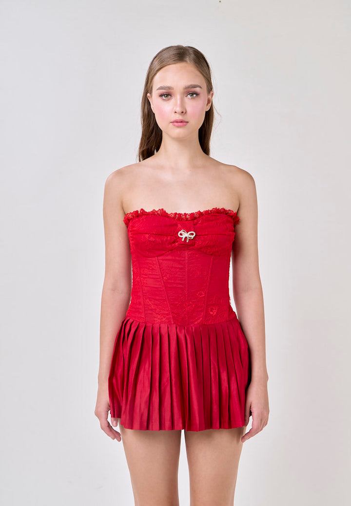 Arely Red Tube Lace Top Pleated Skirt Mini Dress