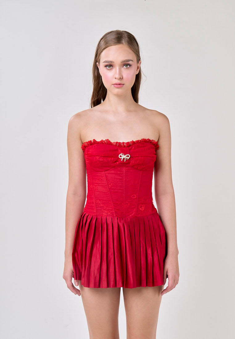 Arely Red Tube Lace Top Pleated Skirt Mini Dress