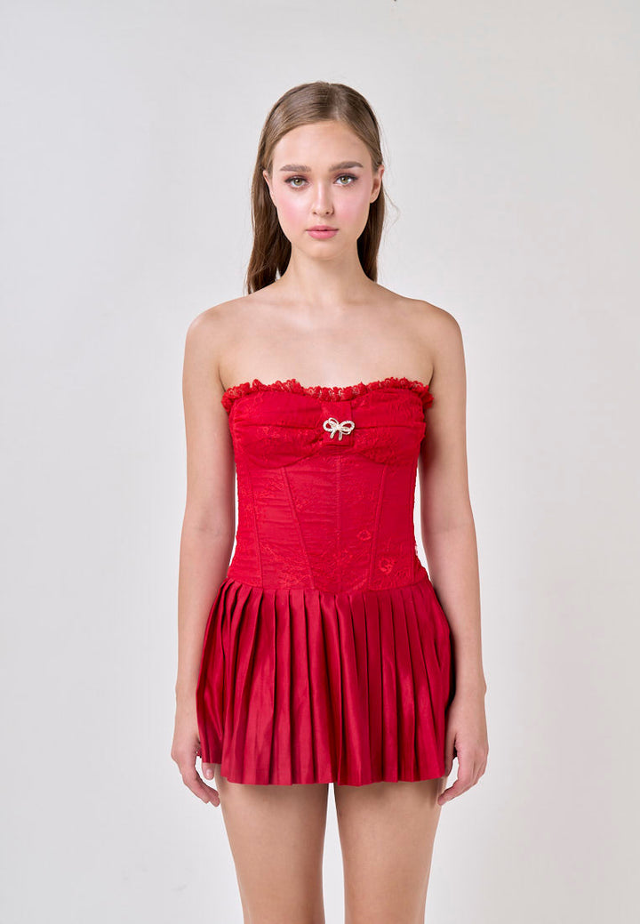 Arely Red Tube Lace Top Pleated Skirt Mini Dress