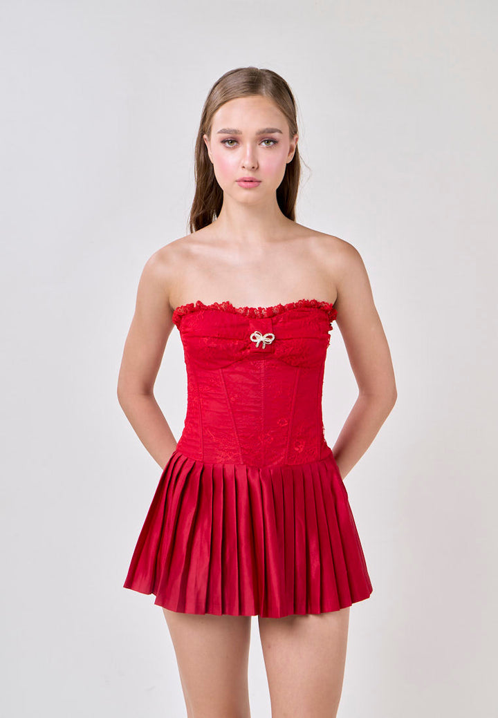 Arely Red Tube Lace Top Pleated Skirt Mini Dress