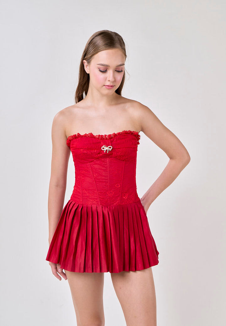 Arely Red Tube Lace Top Pleated Skirt Mini Dress