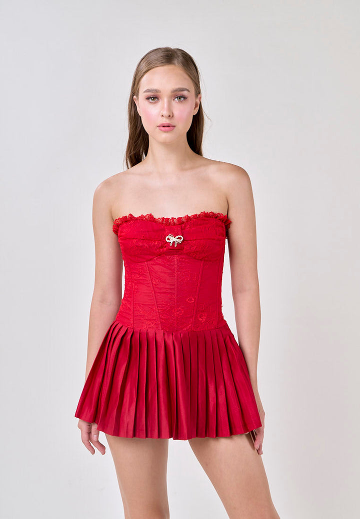 Arely Red Tube Lace Top Pleated Skirt Mini Dress
