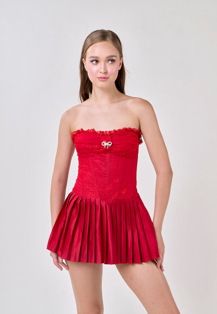 Arely Red Tube Lace Top Pleated Skirt Mini Dress