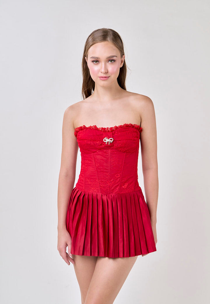 Arely Red Tube Lace Top Pleated Skirt Mini Dress