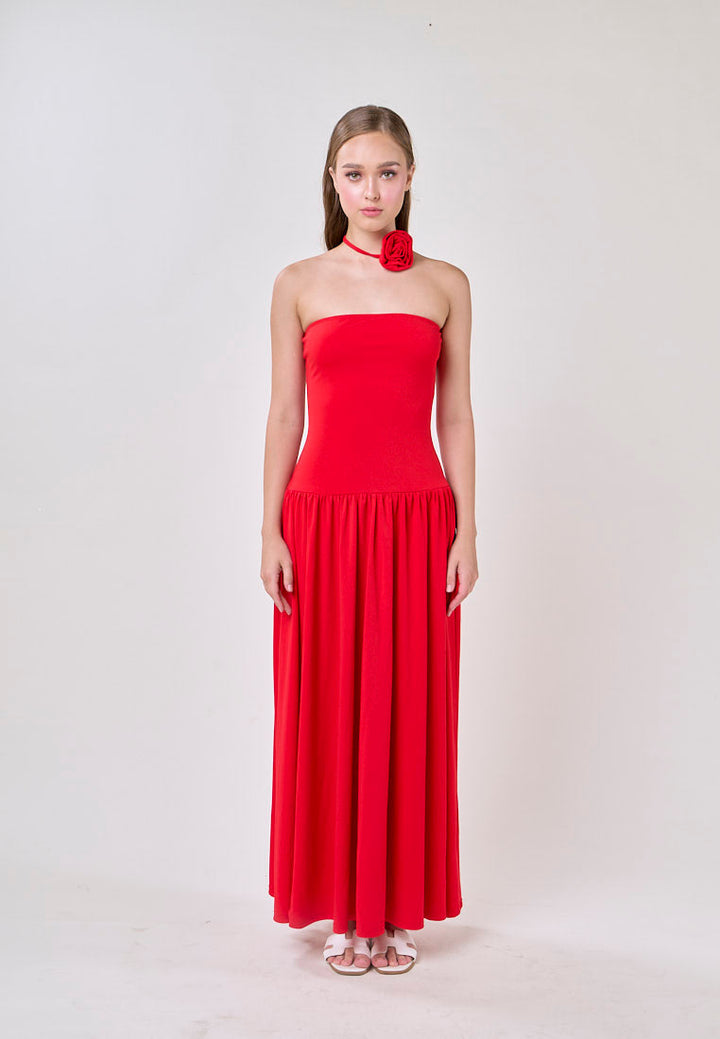 Hermione Red Tube Pleated A-Line Maxi Dress