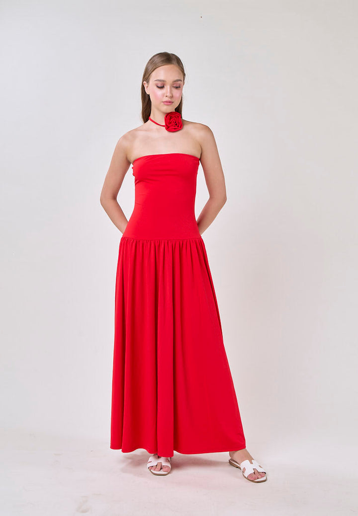 Hermione Red Tube Pleated A-Line Maxi Dress
