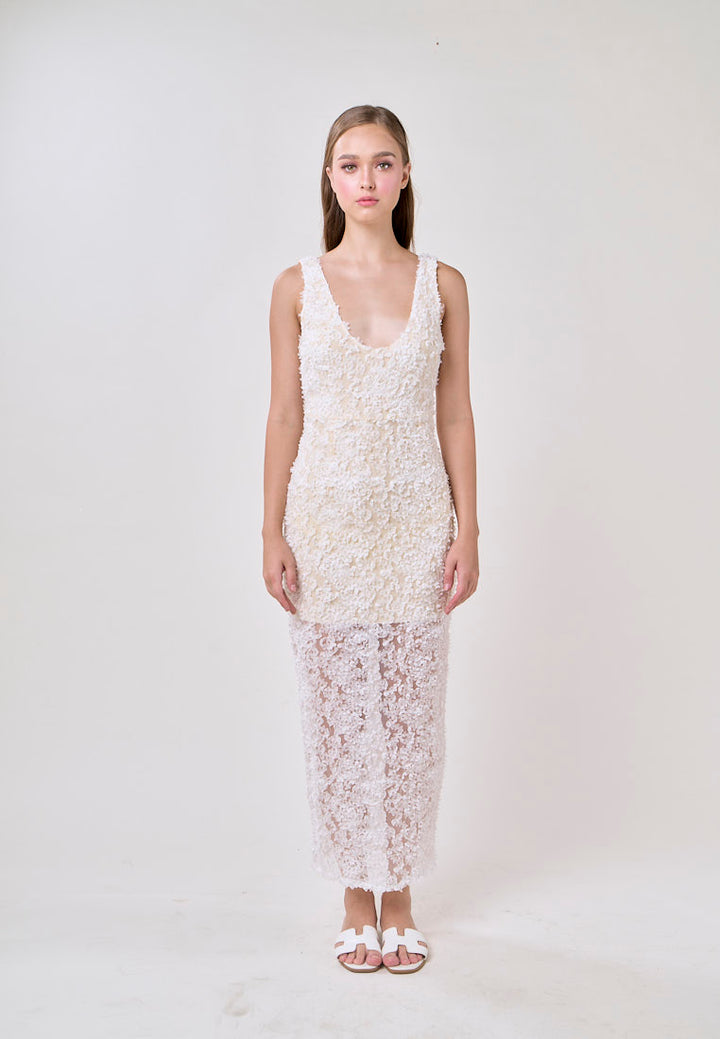 Giada Cream V-Neck Sleeveless Knit Twist Rose Floral Maxi Dress