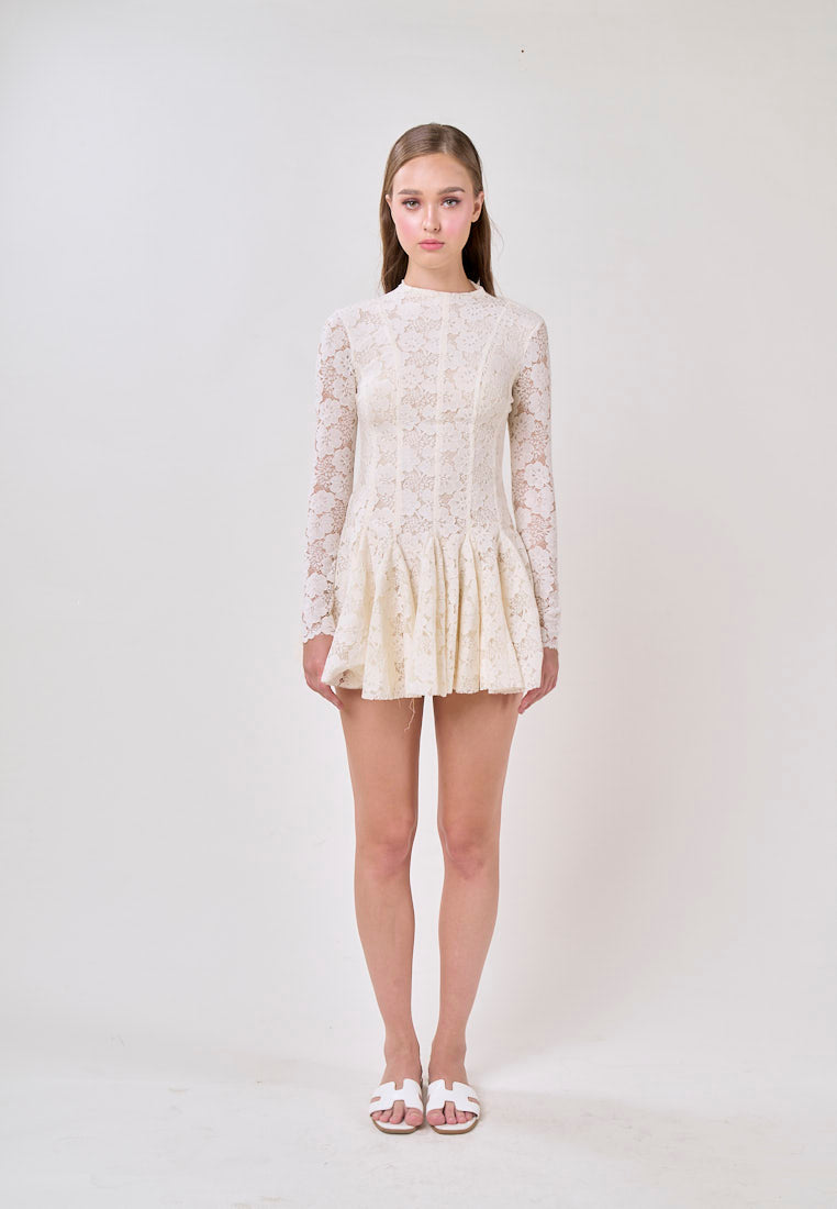 Kya White Round Neck Long Sleeve French Lace Mini Dress