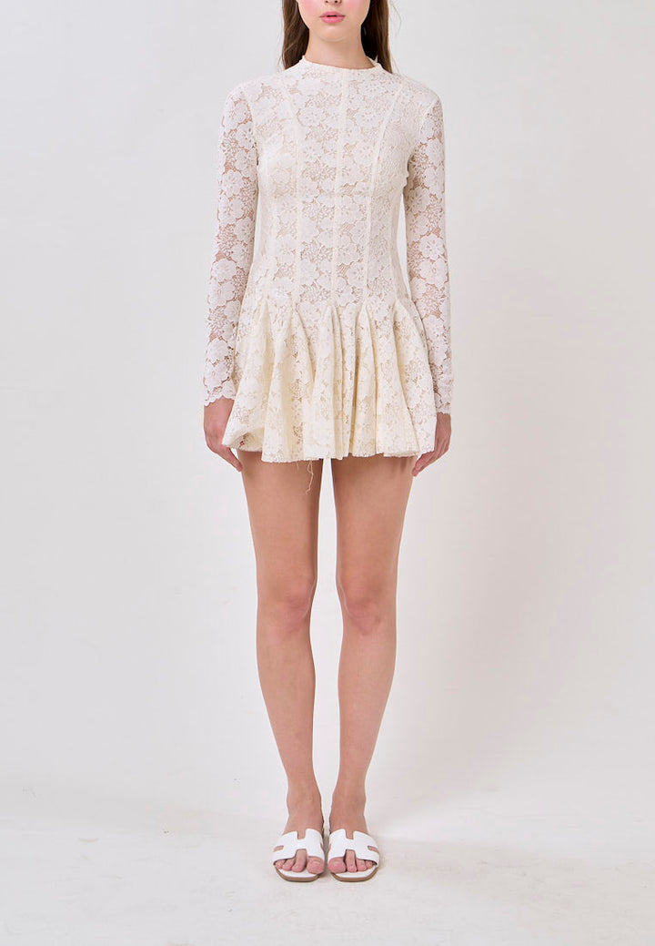 Kya White Round Neck Long Sleeve French Lace Mini Dress