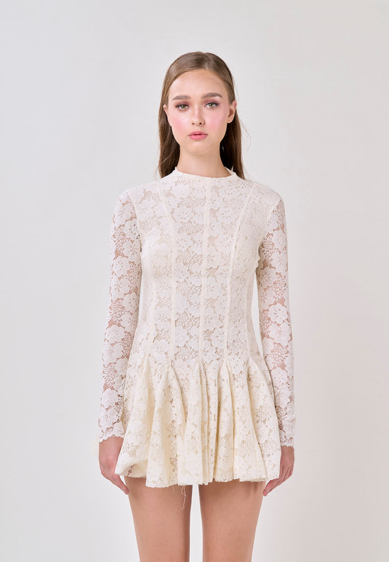 Kya White Round Neck Long Sleeve French Lace Mini Dress