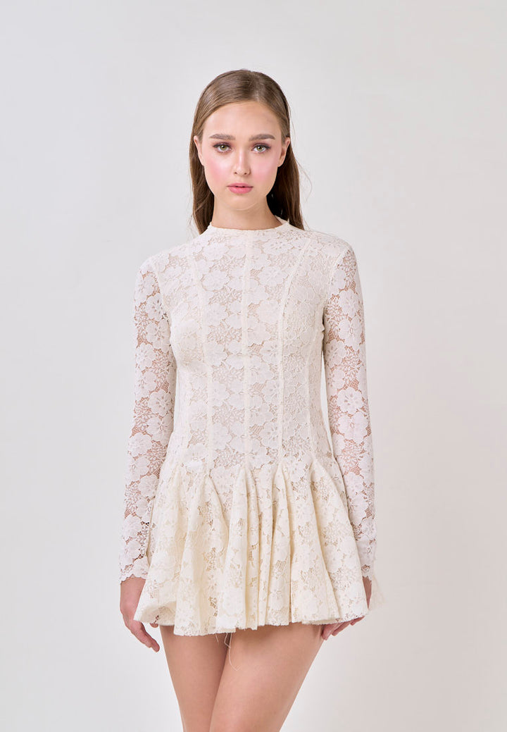 Kya White Round Neck Long Sleeve French Lace Mini Dress