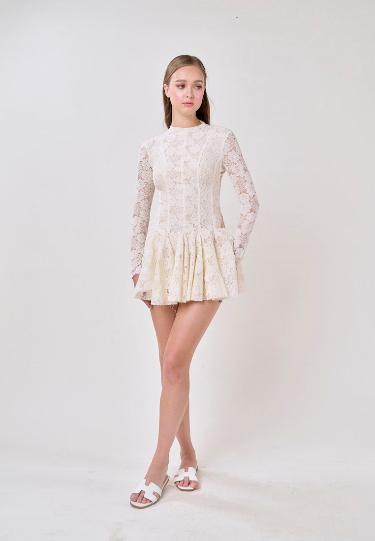 Kya White Round Neck Long Sleeve French Lace Mini Dress