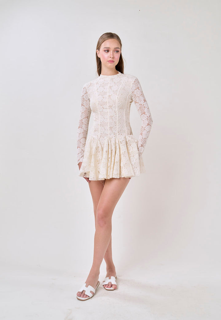 Kya White Round Neck Long Sleeve French Lace Mini Dress