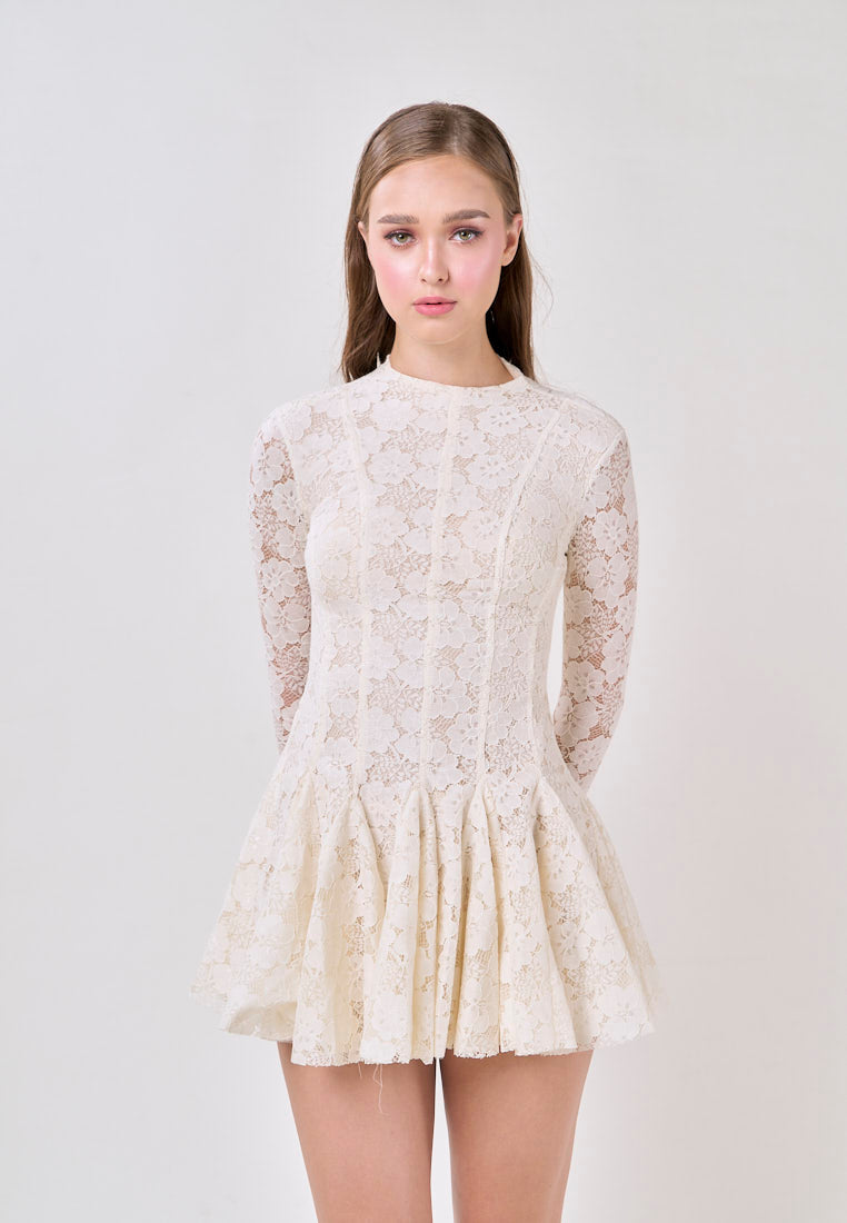 Kya White Round Neck Long Sleeve French Lace Mini Dress