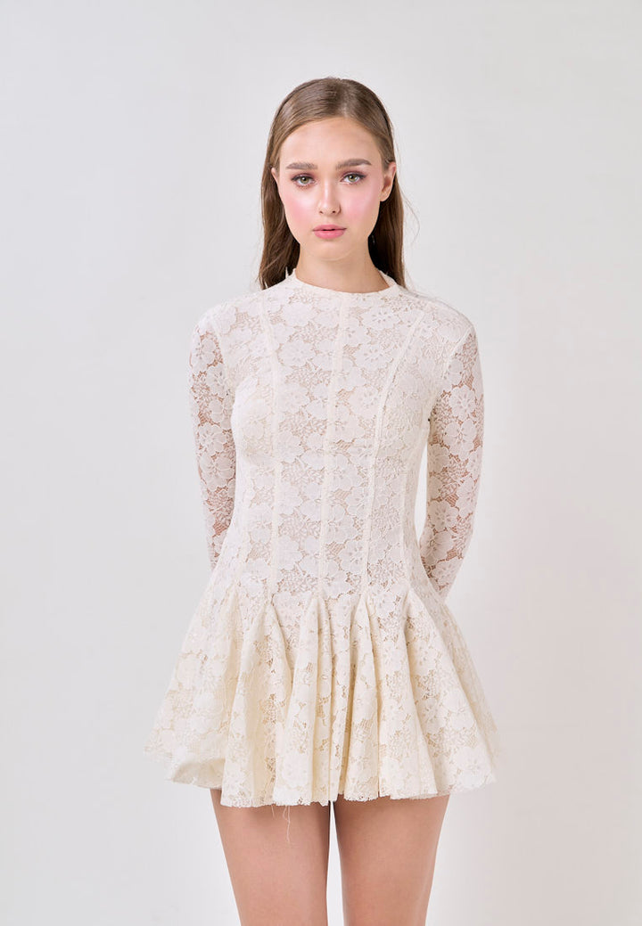 Kya White Round Neck Long Sleeve French Lace Mini Dress