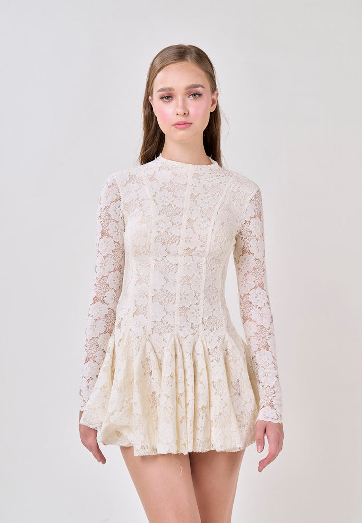 Kya White Round Neck Long Sleeve French Lace Mini Dress