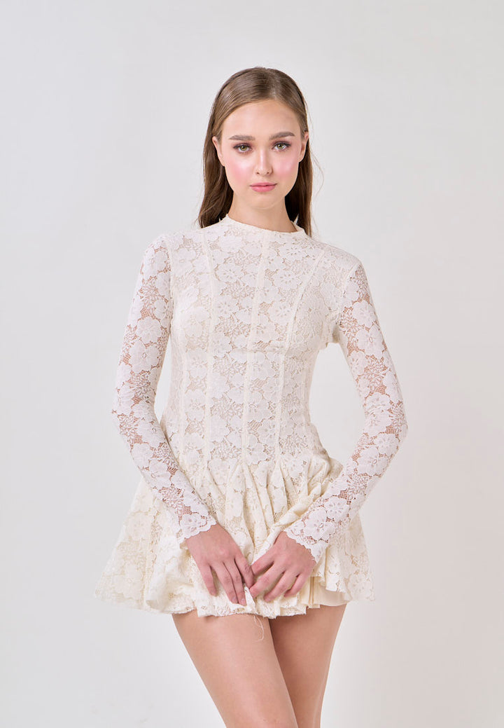 Kya White Round Neck Long Sleeve French Lace Mini Dress
