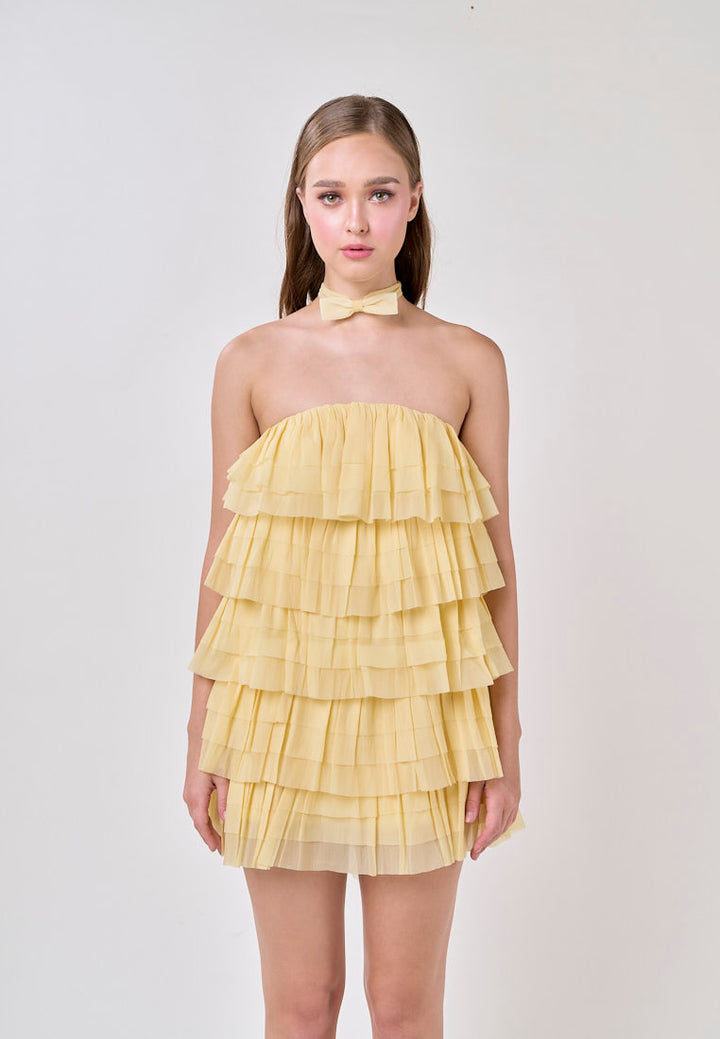 Miller Lemon Yellow  Tube Tulle Layered Mini Dress