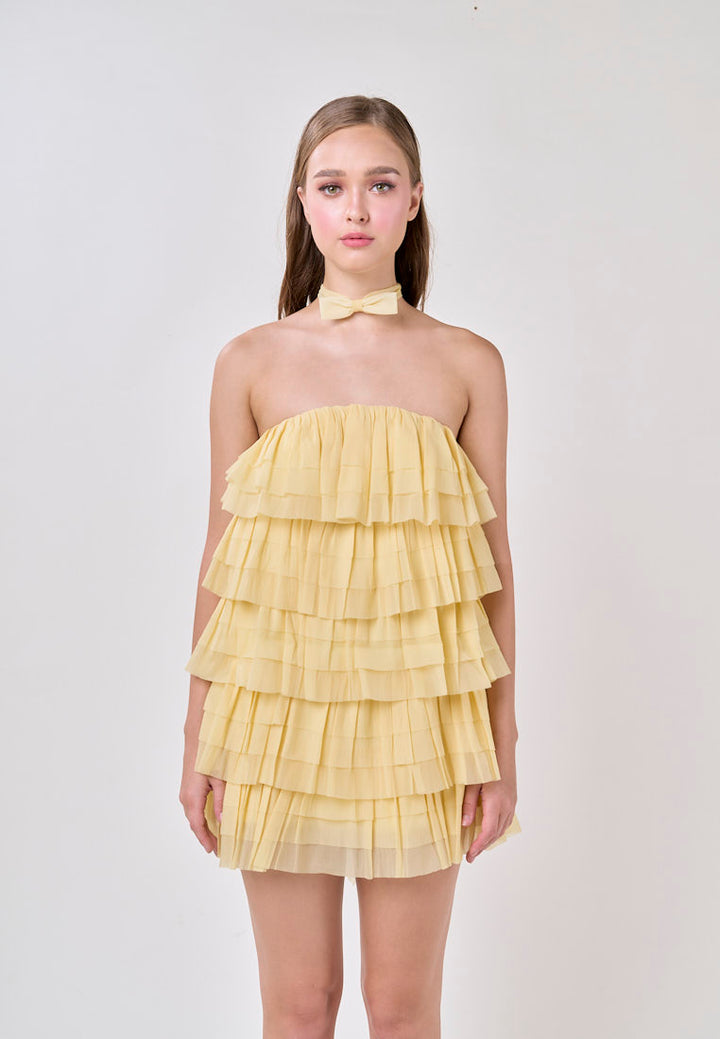 Miller Lemon Yellow  Tube Tulle Layered Mini Dress
