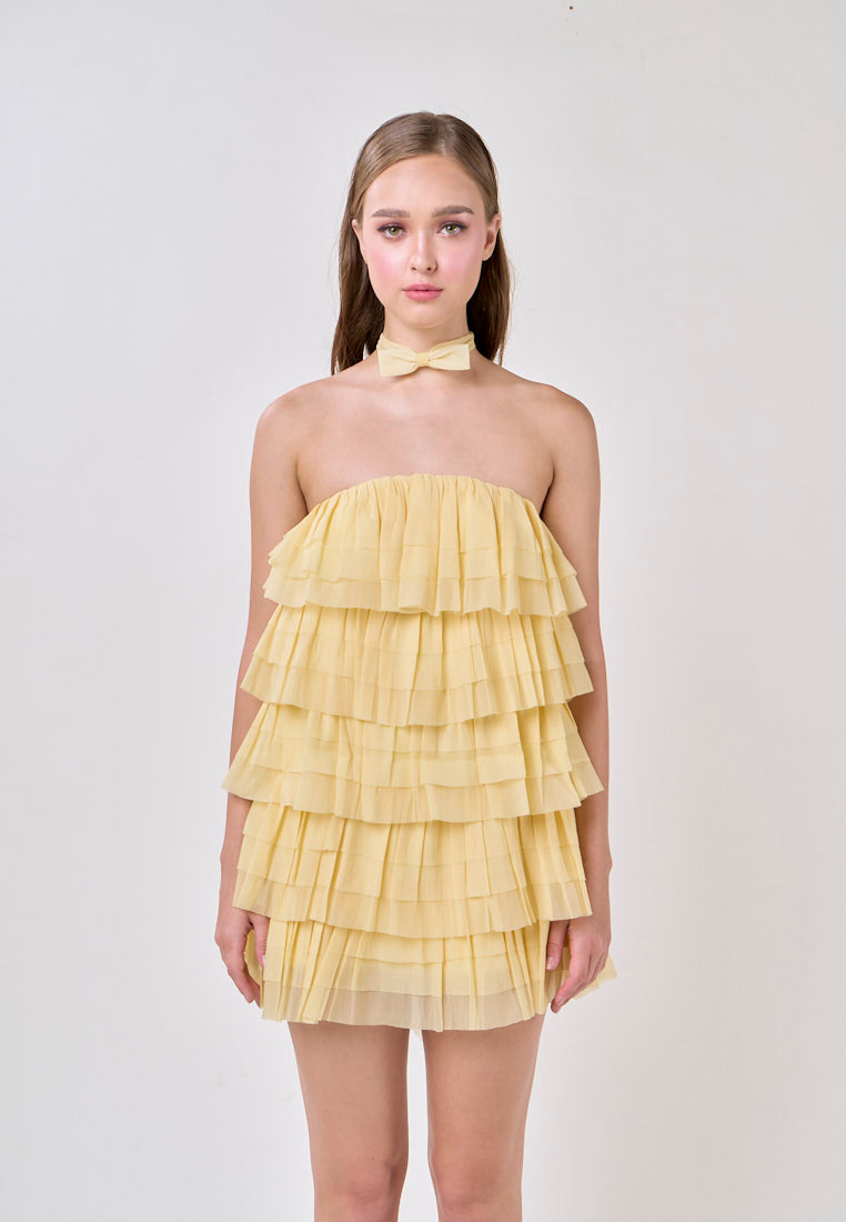 Miller Lemon Yellow  Tube Tulle Layered Mini Dress