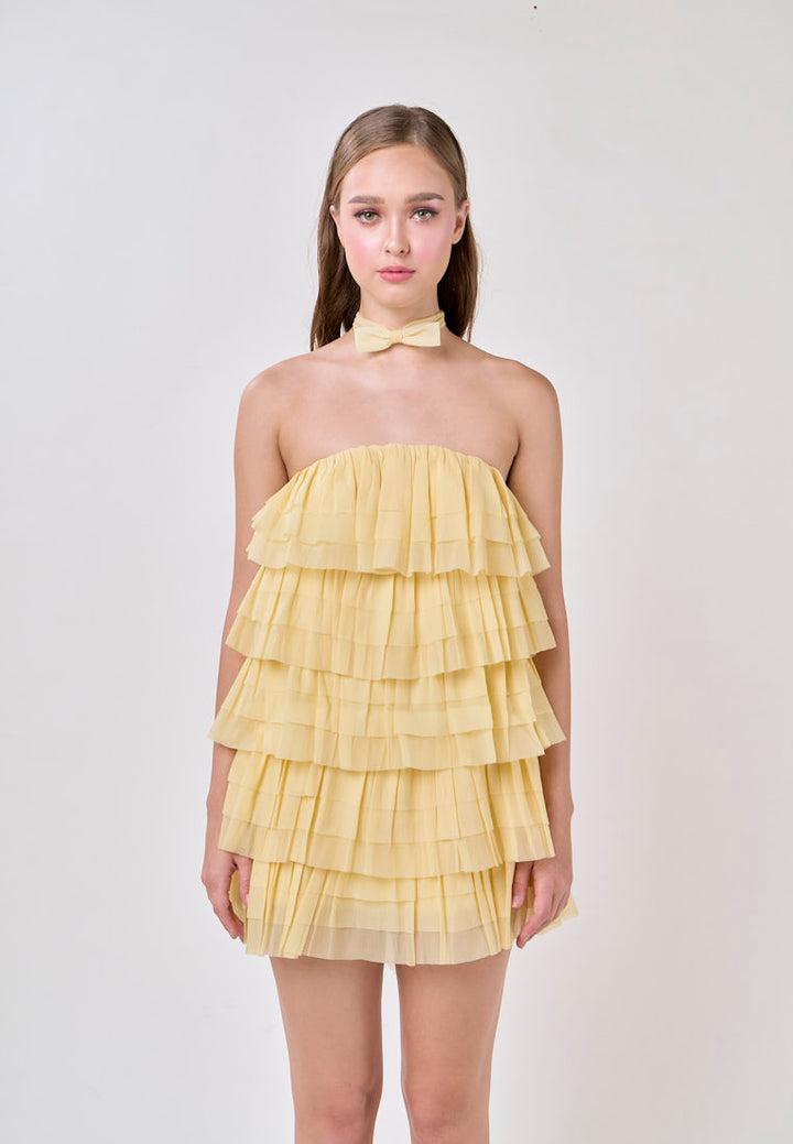 Miller Lemon Yellow  Tube Tulle Layered Mini Dress