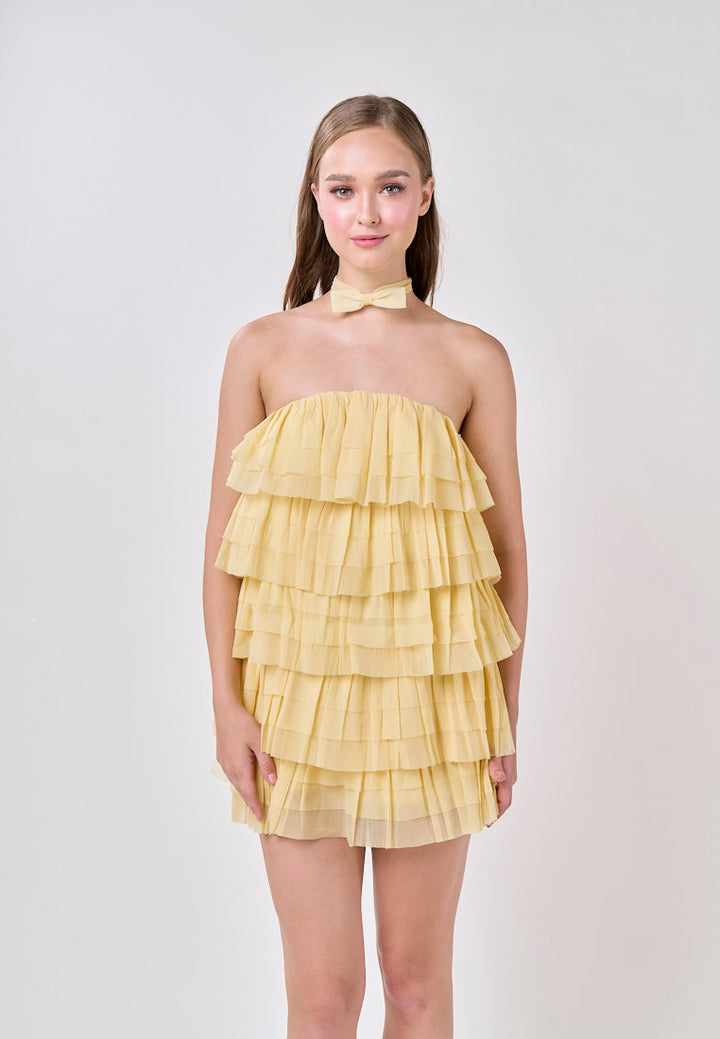 Miller Lemon Yellow  Tube Tulle Layered Mini Dress