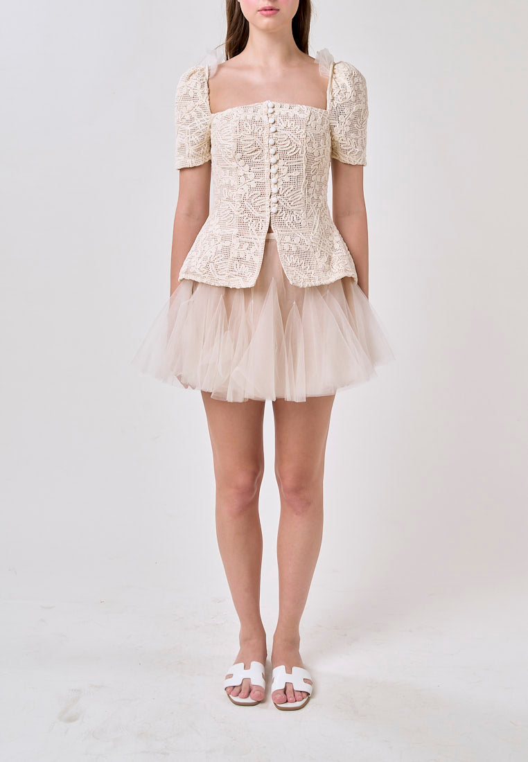 Alitzel Cream Embroided Top with Pleated Mesh Skirt Set
