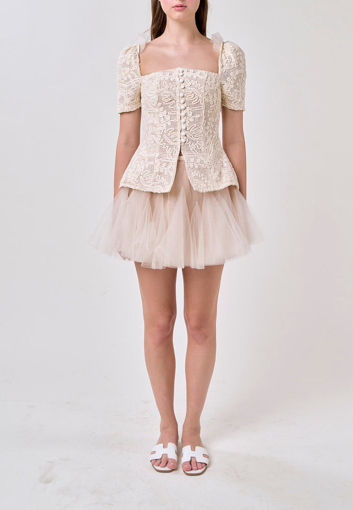 Alitzel Cream Embroided Top with Pleated Mesh Skirt Set