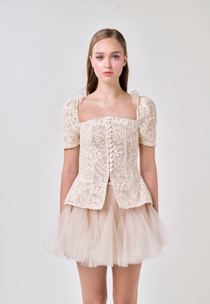 Alitzel Cream Embroided Top with Pleated Mesh Skirt Set