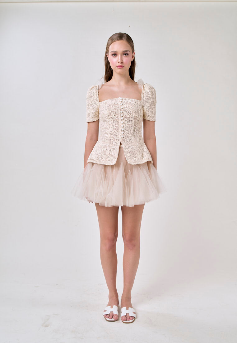 Alitzel Cream Embroided Top with Pleated Mesh Skirt Set
