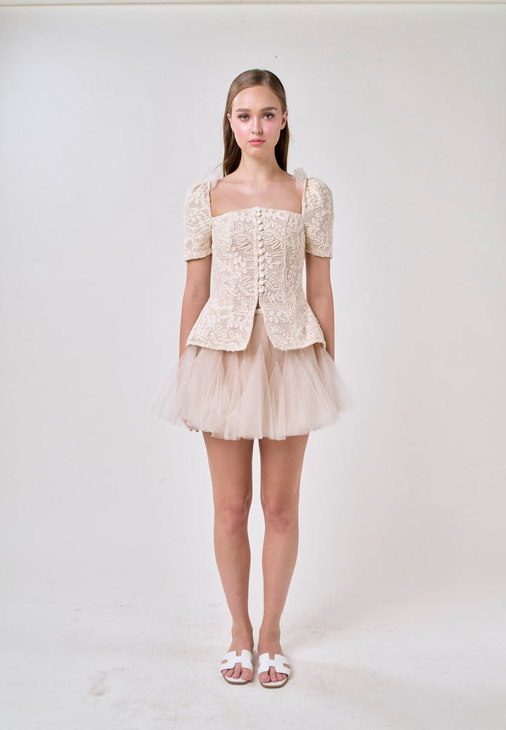 Alitzel Cream Embroided Top with Pleated Mesh Skirt Set