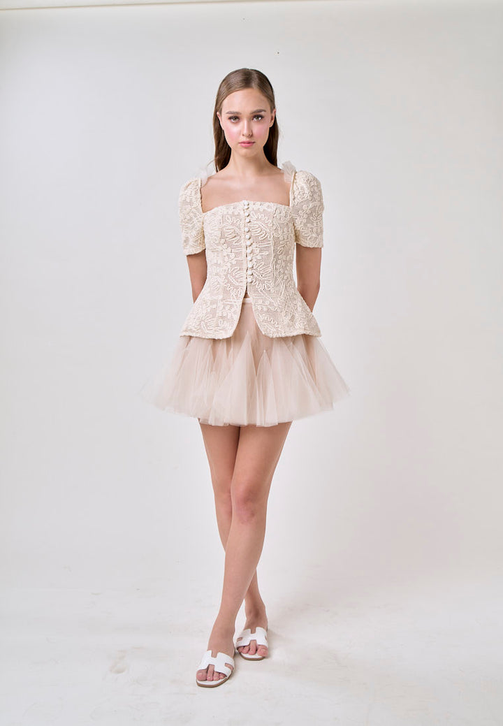 Alitzel Cream Embroided Top with Pleated Mesh Skirt Set