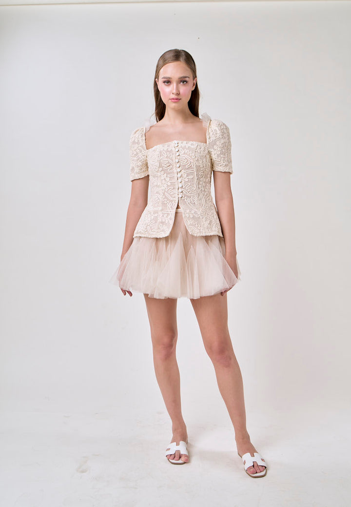 Alitzel Cream Embroided Top with Pleated Mesh Skirt Set