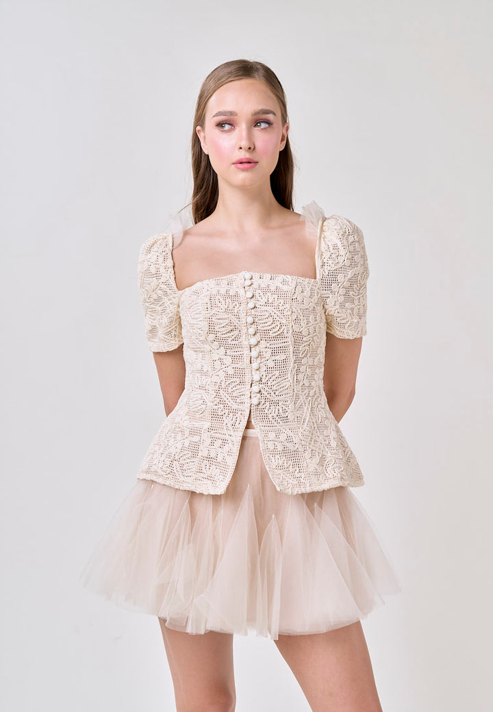 Alitzel Cream Embroided Top with Pleated Mesh Skirt Set