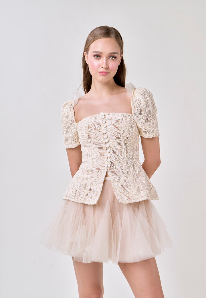 Alitzel Cream Embroided Top with Pleated Mesh Skirt Set