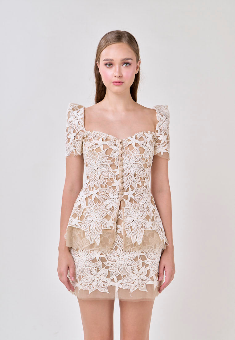 Charlee Beige Embroided Bubble Sleeve Top With Mini Skirt Set