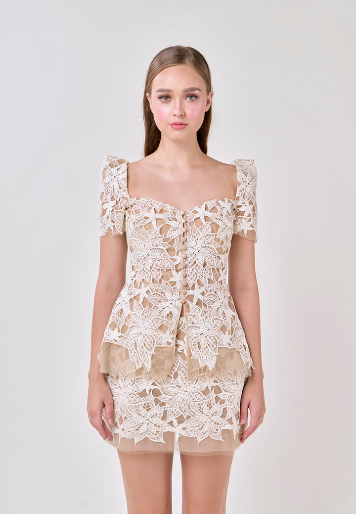 Charlee Beige Embroided Bubble Sleeve Top With Mini Skirt Set