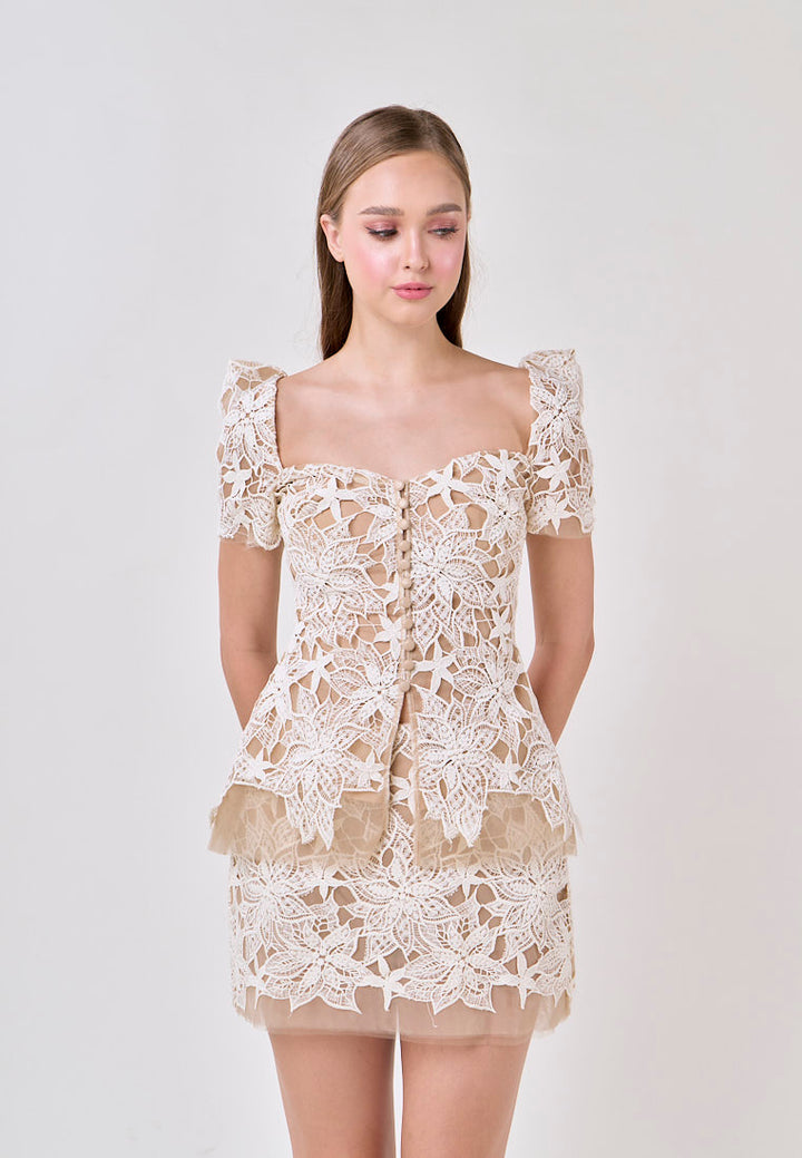 Charlee Beige Embroided Bubble Sleeve Top With Mini Skirt Set