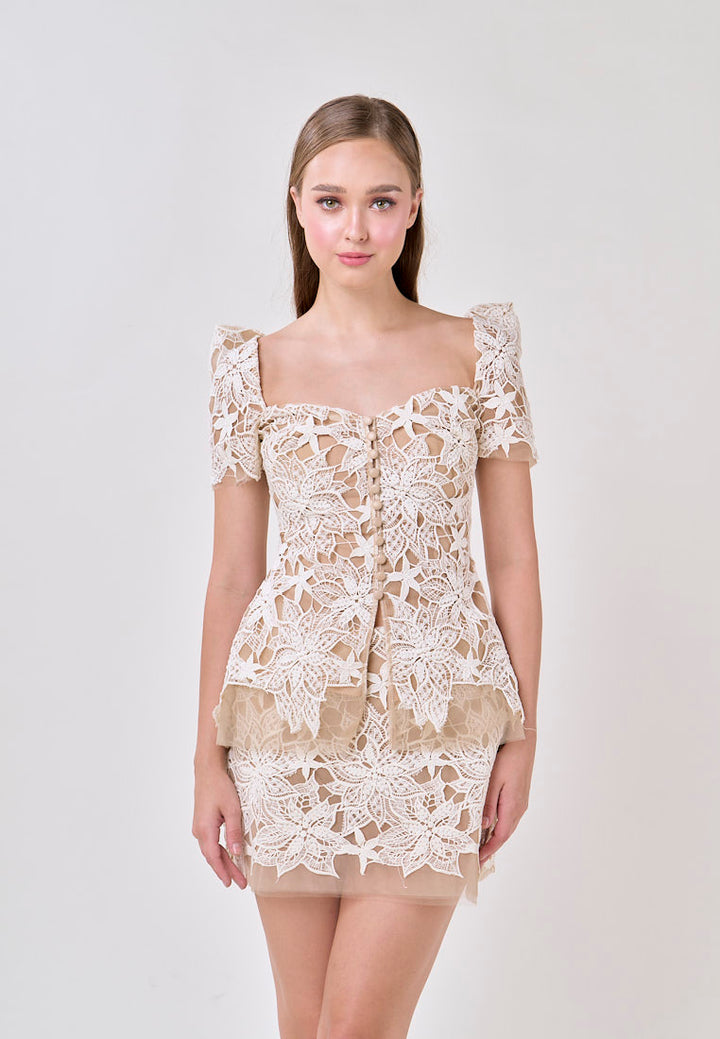 Charlee Beige Embroided Bubble Sleeve Top With Mini Skirt Set