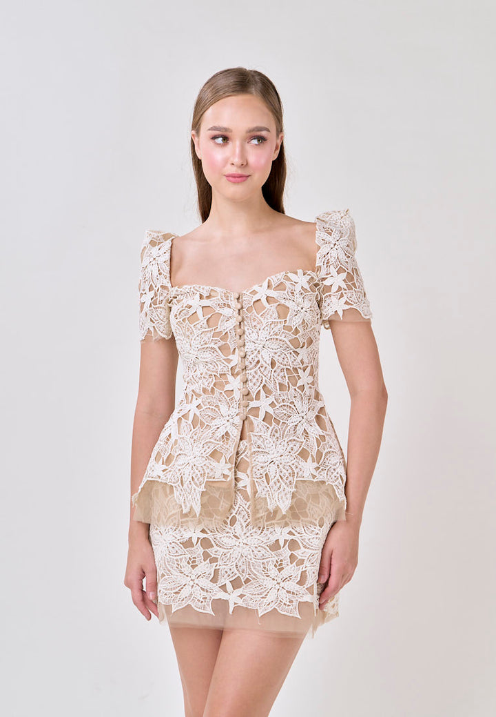 Charlee Beige Embroided Bubble Sleeve Top With Mini Skirt Set