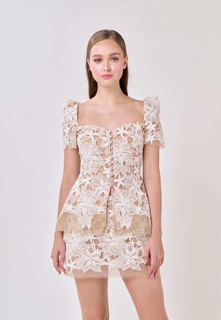 Charlee Beige Embroided Bubble Sleeve Top With Mini Skirt Set