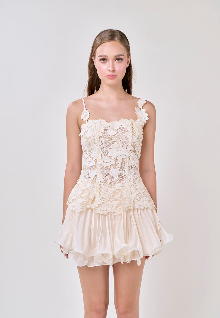 Sutton Cream Sleeveless Lace Top With Tulle Pleated Mini Skirt Set
