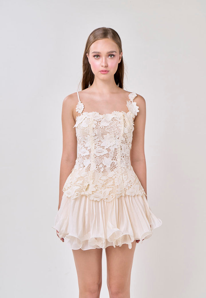 Sutton Cream Sleeveless Lace Top With Tulle Pleated Mini Skirt Set