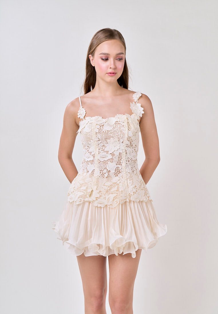 Sutton Cream Sleeveless Lace Top With Tulle Pleated Mini Skirt Set