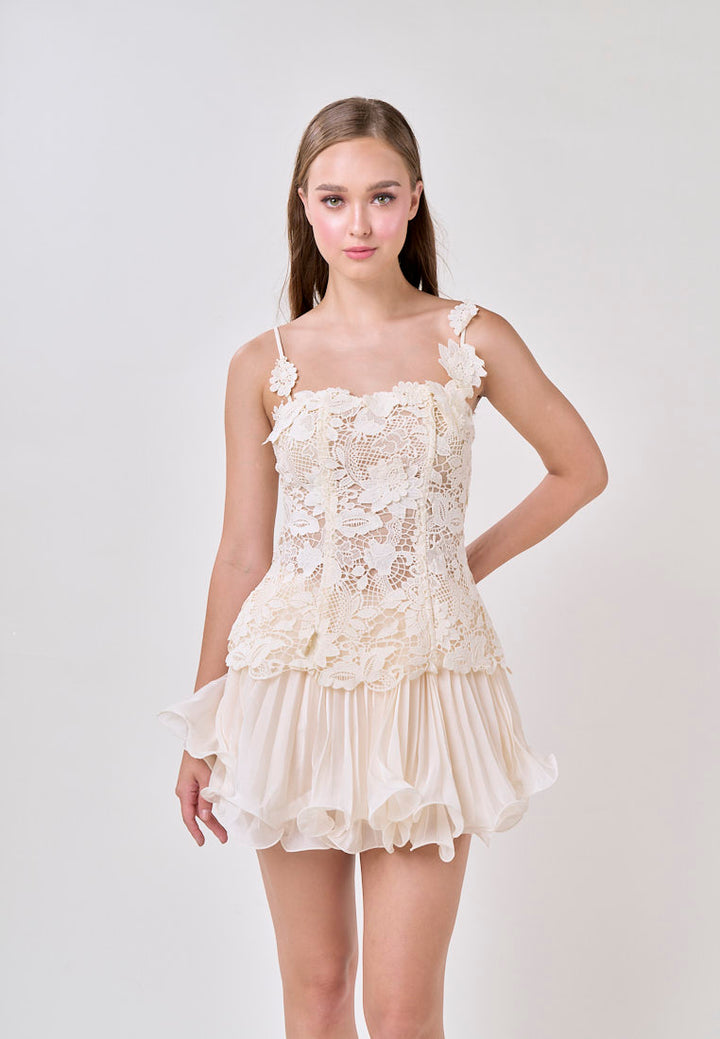 Sutton Cream Sleeveless Lace Top With Tulle Pleated Mini Skirt Set