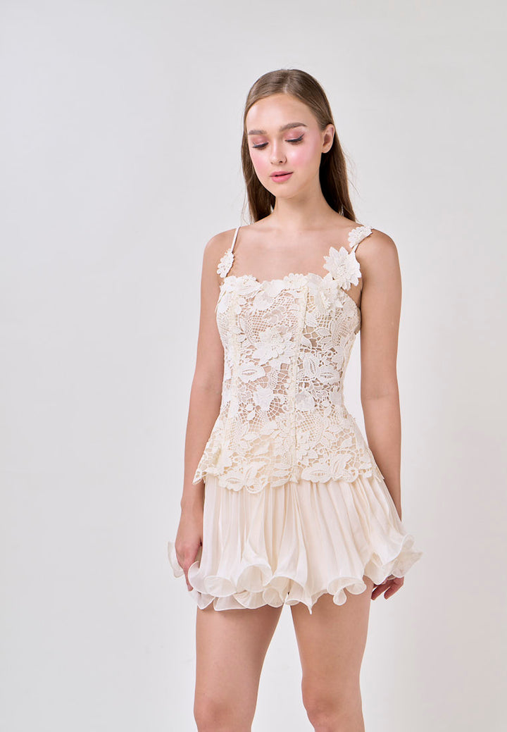Sutton Cream Sleeveless Lace Top With Tulle Pleated Mini Skirt Set