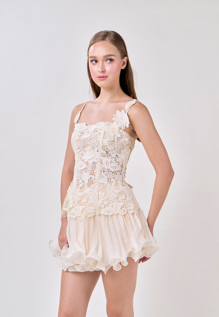Sutton Cream Sleeveless Lace Top With Tulle Pleated Mini Skirt Set
