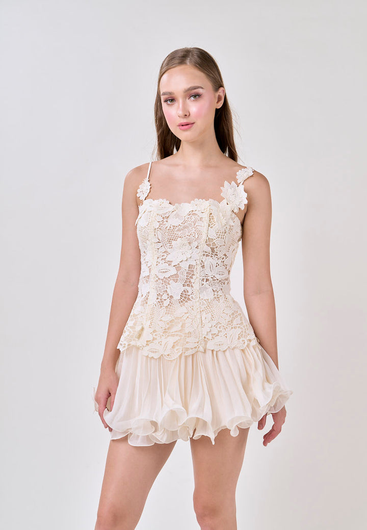 Sutton Cream Sleeveless Lace Top With Tulle Pleated Mini Skirt Set